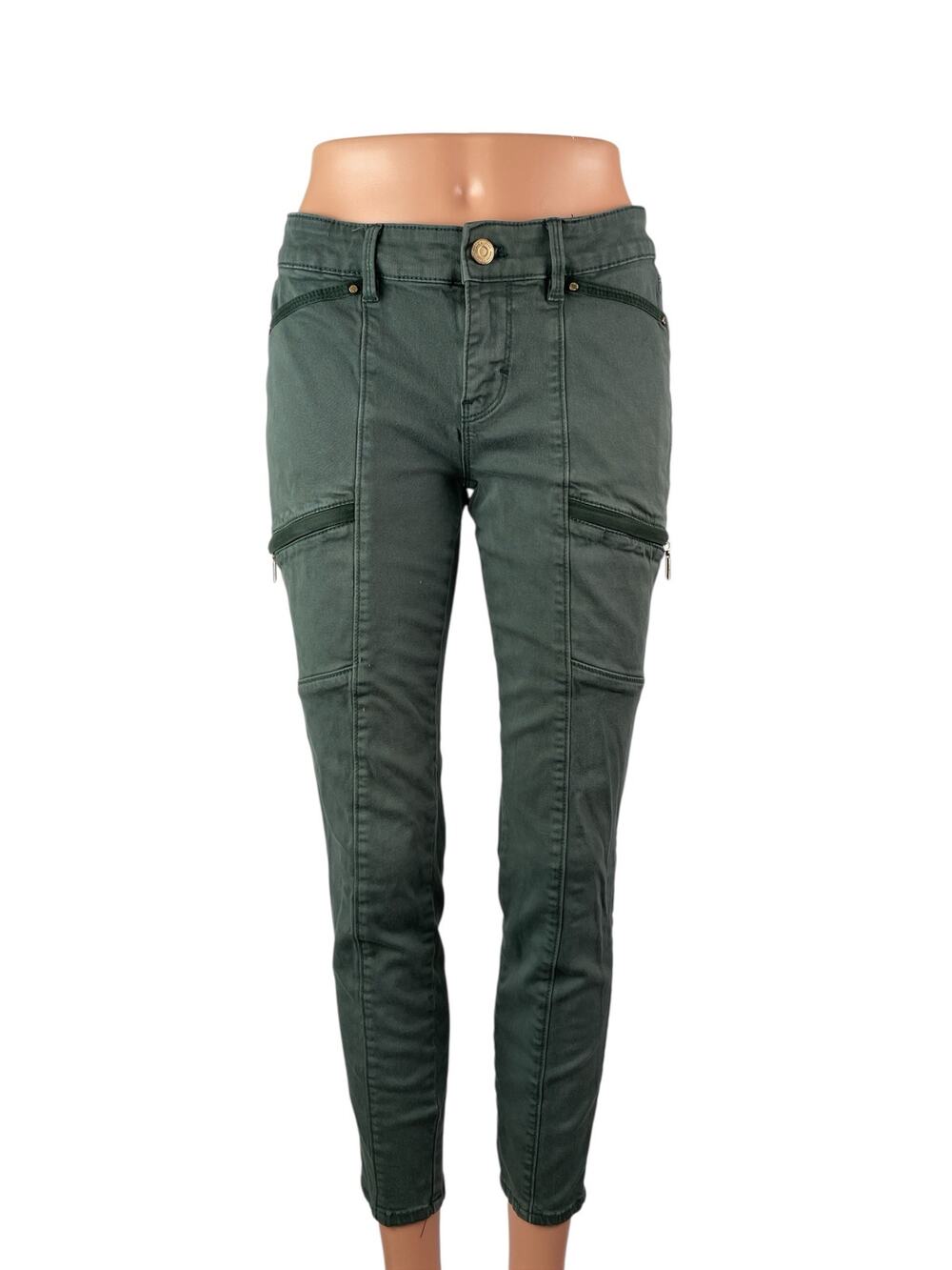 White House Black Market Women's Green Zip Cargo Crop Skinny Denim Jeans Size 2